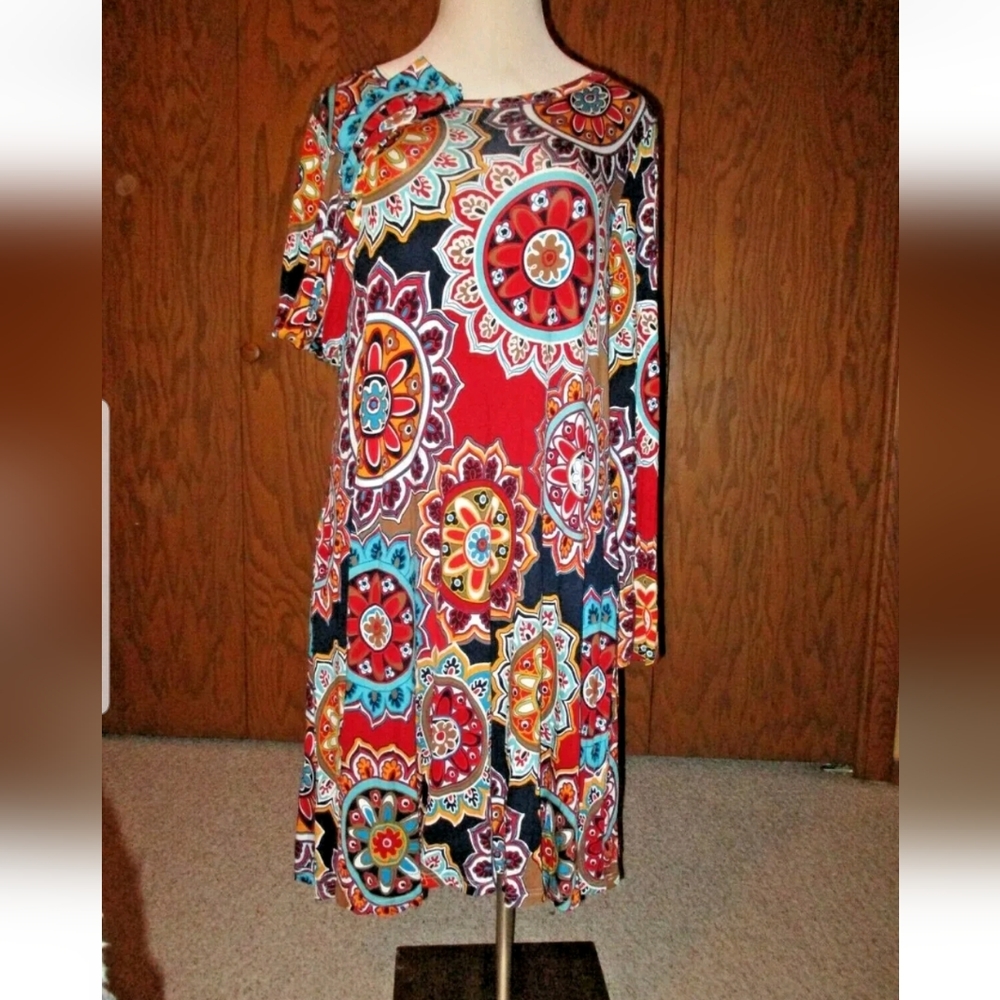 Mandala Red Blue Brown Gold Floral Hippie A Line Stretch Unique 2 Pocket Dress